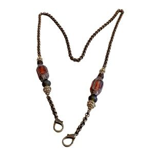Beaded Amber Gem Jewel Copper & Brass Antique Gold Handbag Chain 44”‎ long
